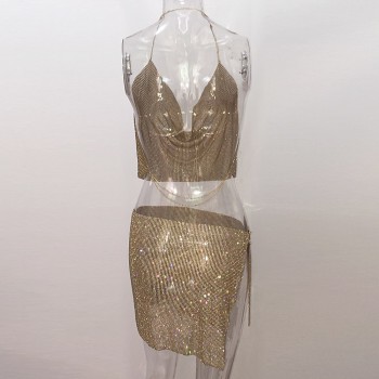 Rhinestone Metal Outfits Backless Halter Dress Gold Silver Night Club Dresses